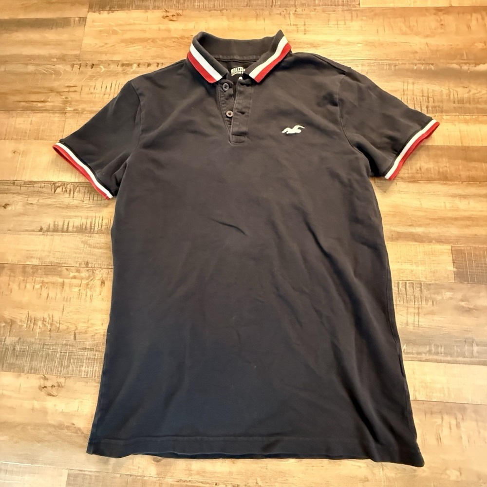 Hollister Polo Shirt‎ Men Medium Black Embroidered Logo Collared Short Sleeve